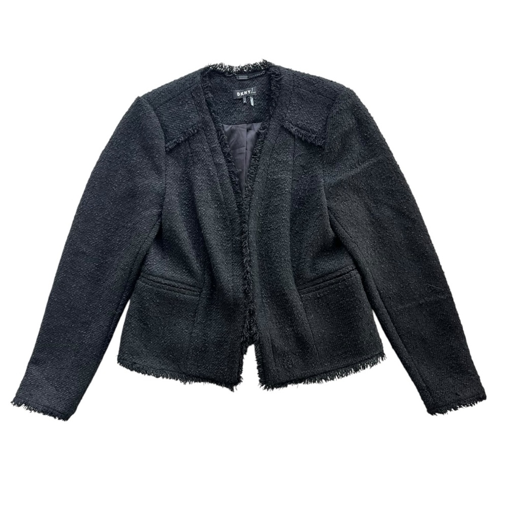 DKNY Womens Size 12 Black Textured Tweed Woven Open Front Blazer Jacket W3248EXB